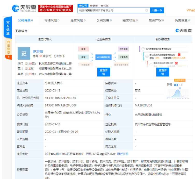 菜鸟网络成立新公司，注册资本5000万元，剑指电子元器件与机电组件设备销售